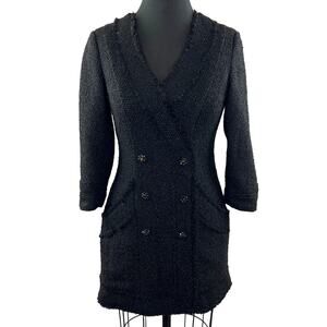 ZARA Black Tweed Blazer Dress V-Neck Double Breasted Pocket Sz S Small BLOGGER